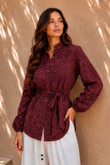 Botanica Embroidered Wrap Shirt - Bordeaux