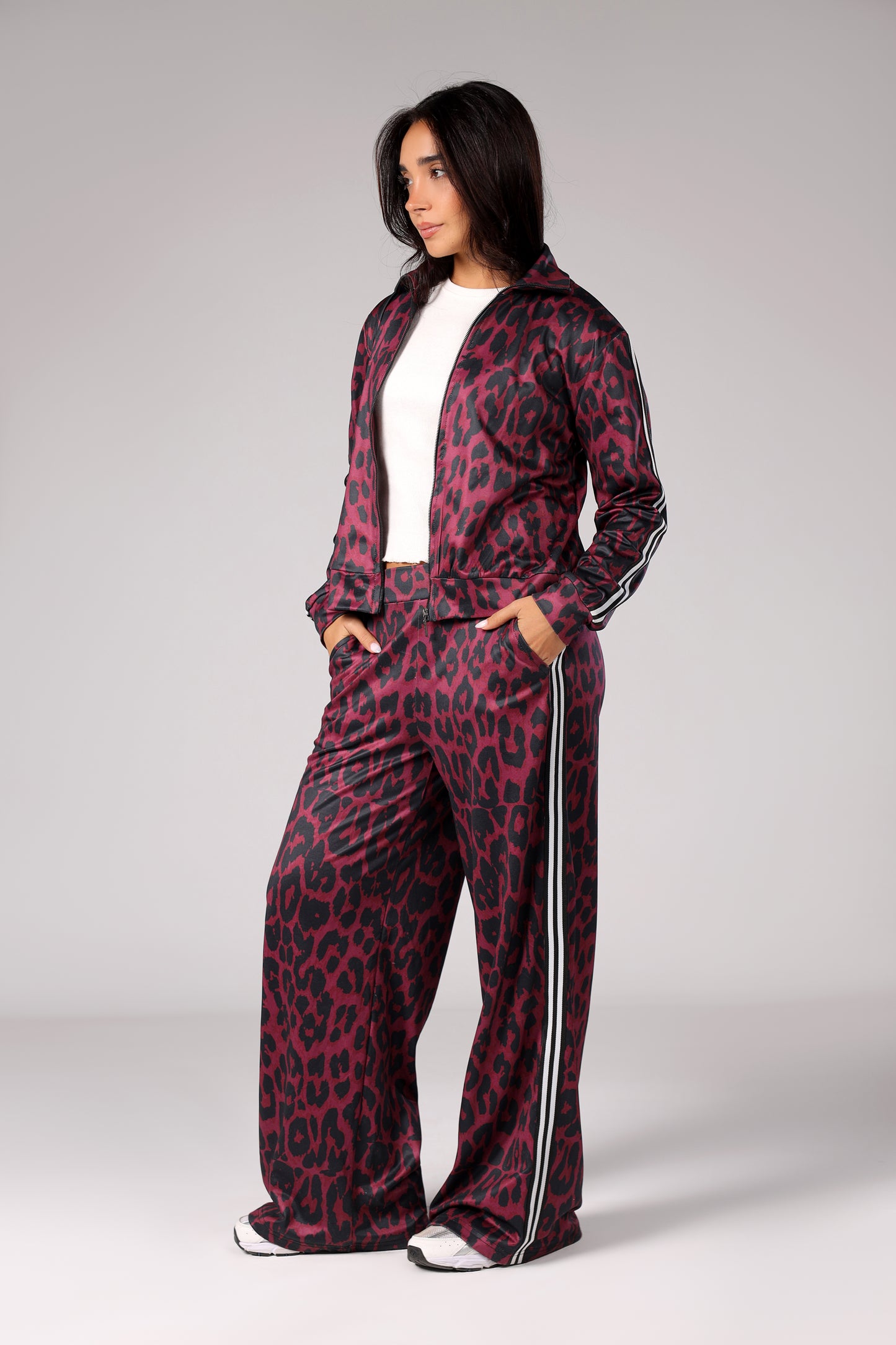 Zip-up Leopard Set - Burgundy