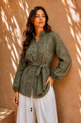 Botanica Embroidered Wrap Shirt - Olive Green