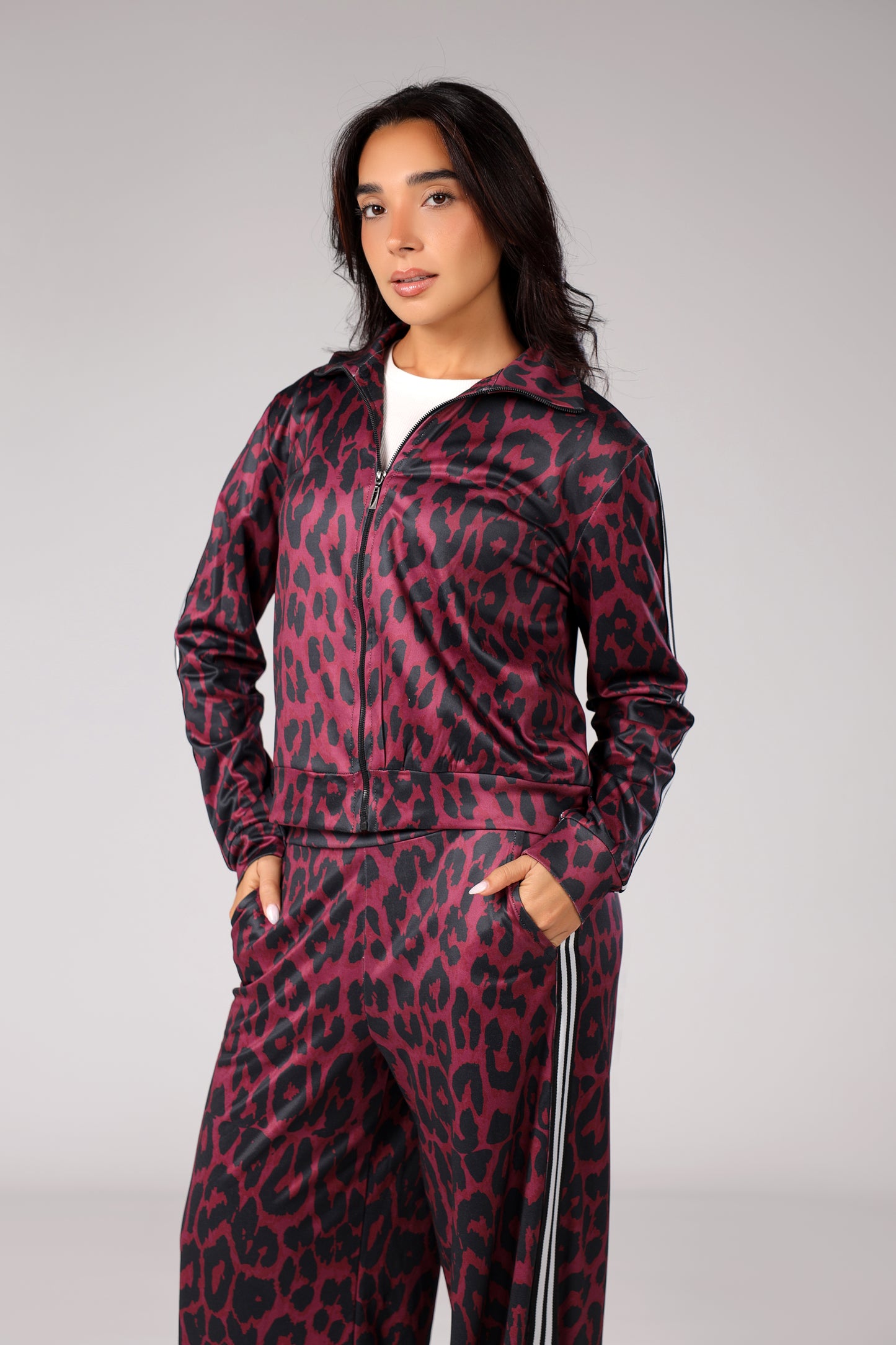Zip-up Leopard Set - Burgundy