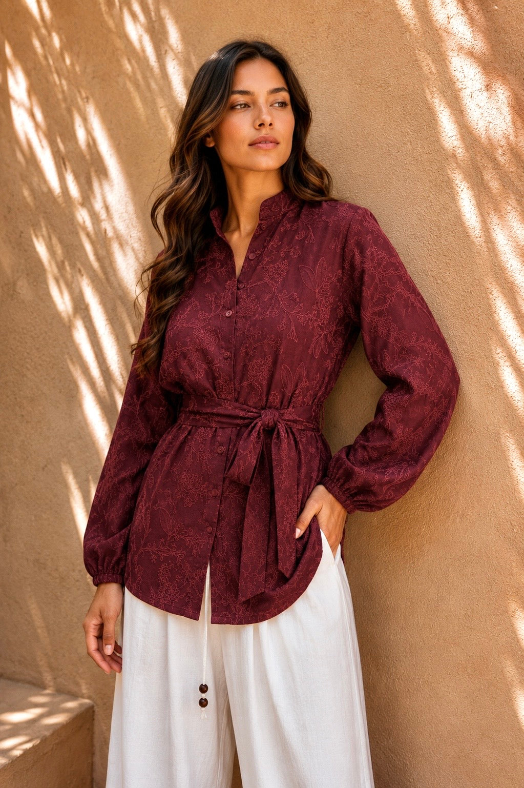 Botanica Embroidered Wrap Shirt - Bordeaux