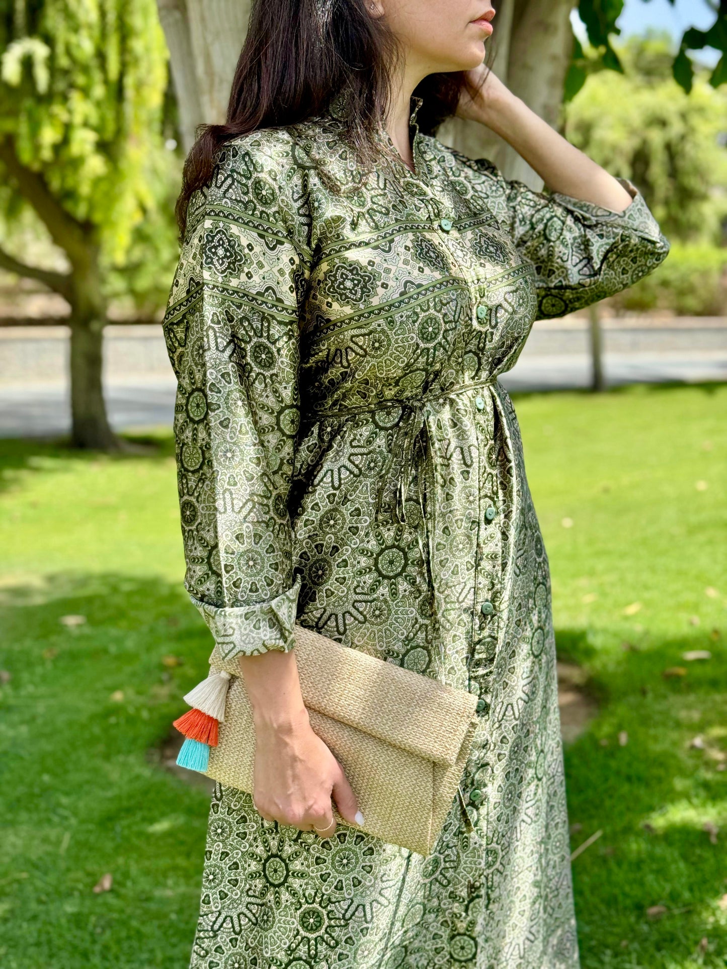 Green Satin Shirt Dress