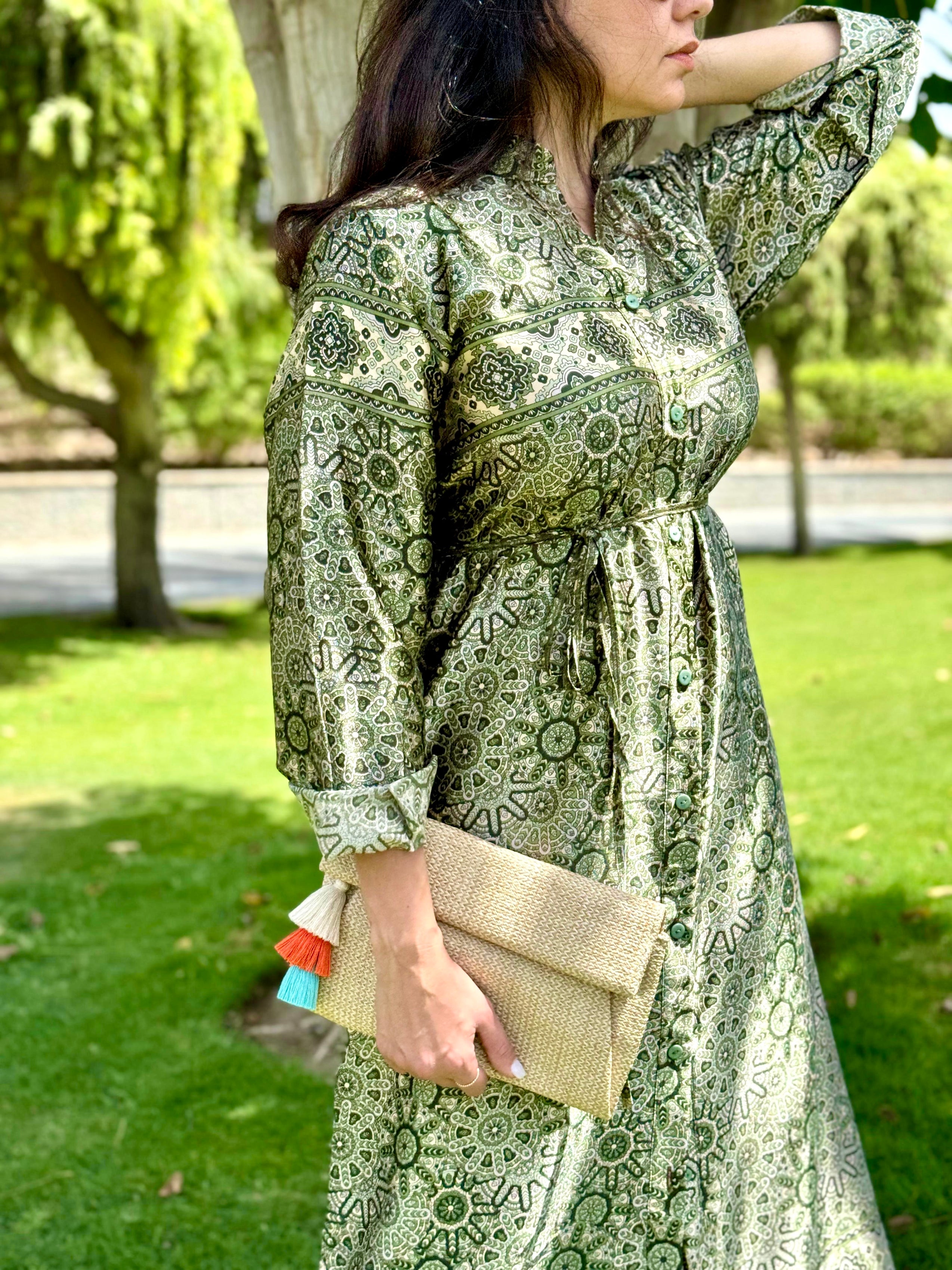 Green Satin Shirt Dress