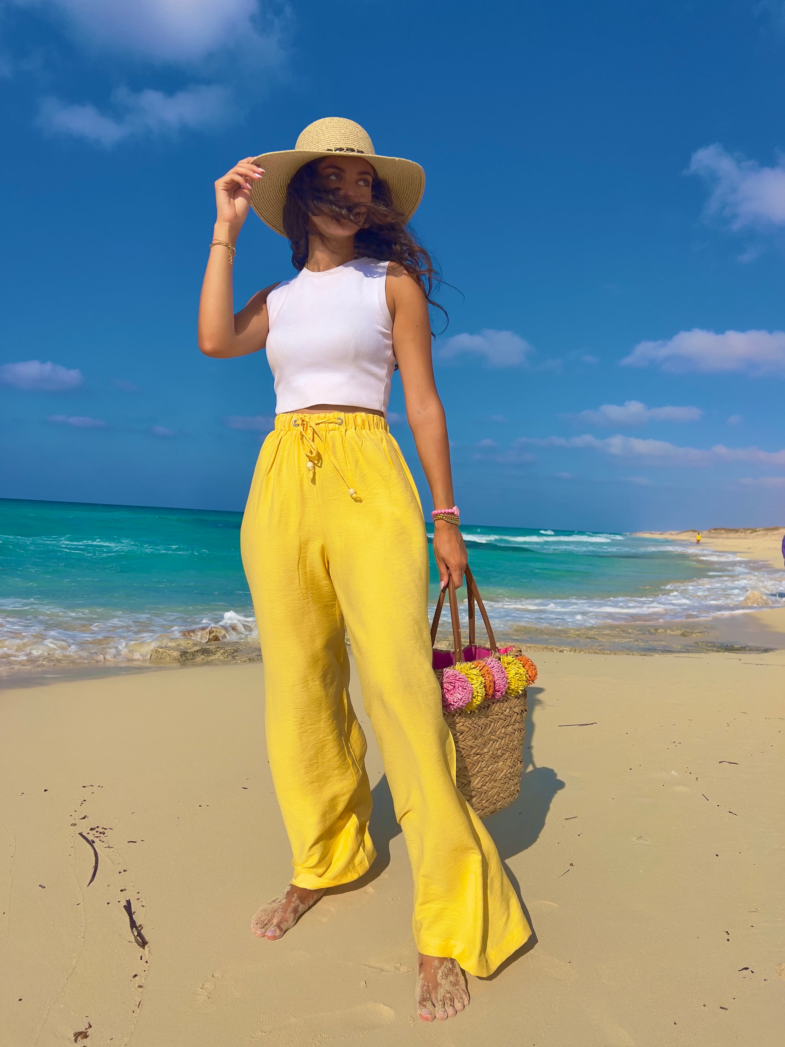 Yellow Wide Leg Linen Pants