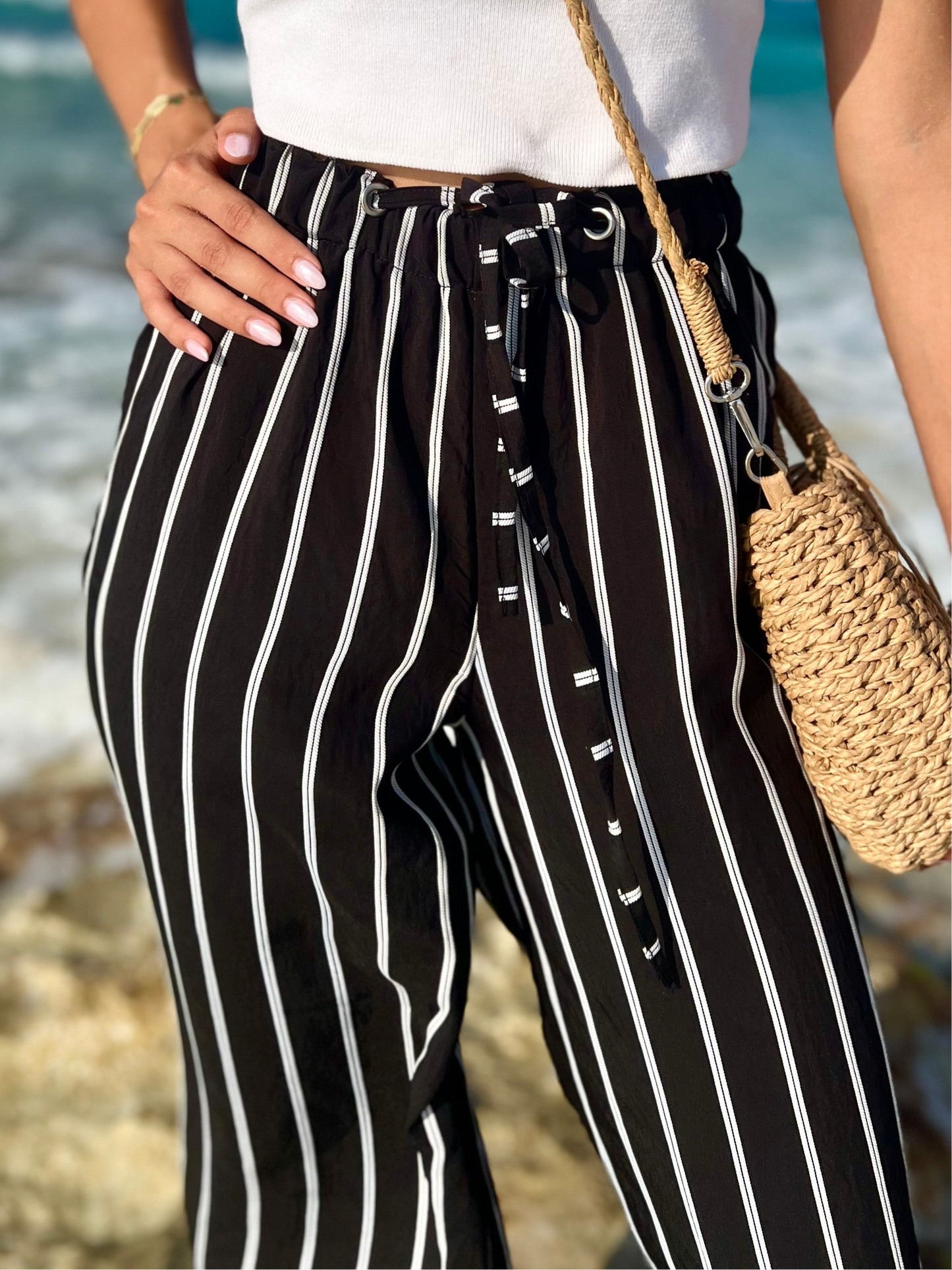 Black Striped Wide Leg Pants