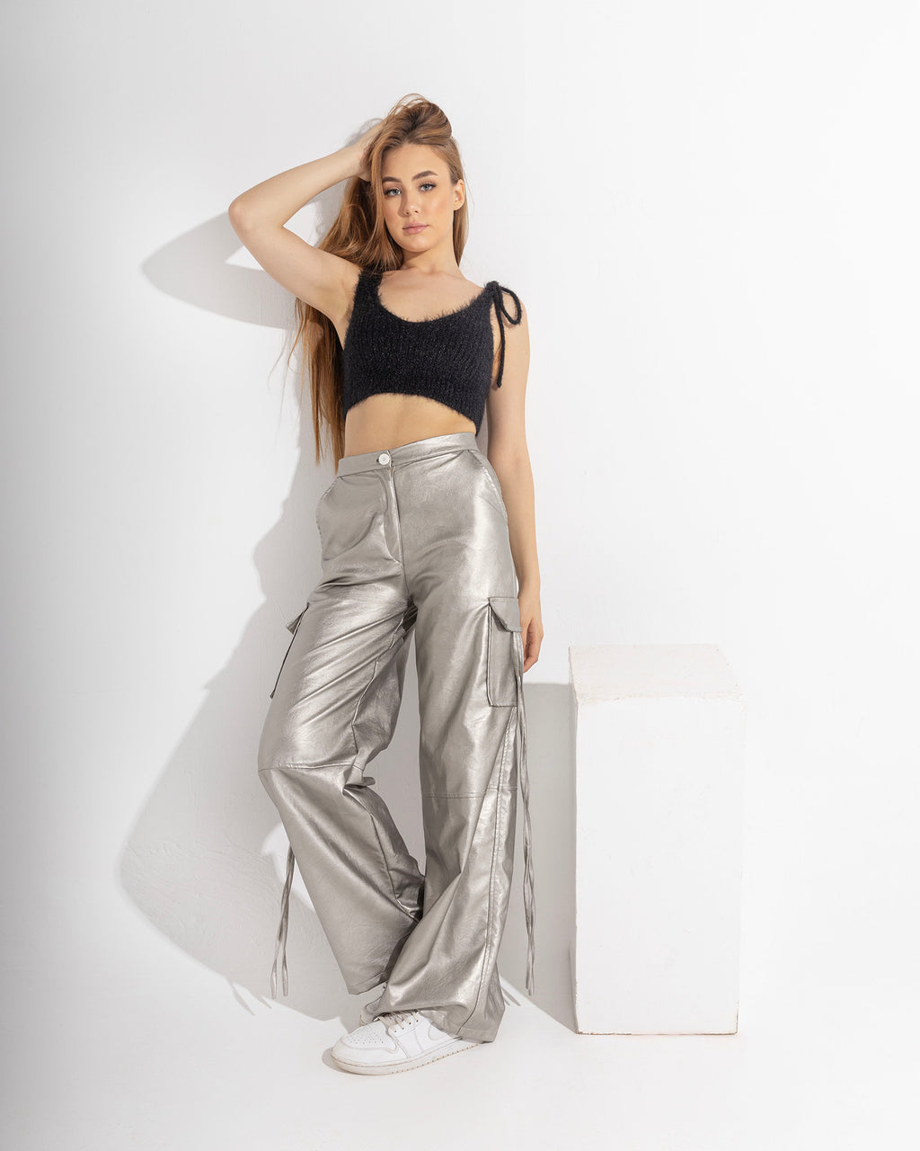 Silver Leather Cargo Pants