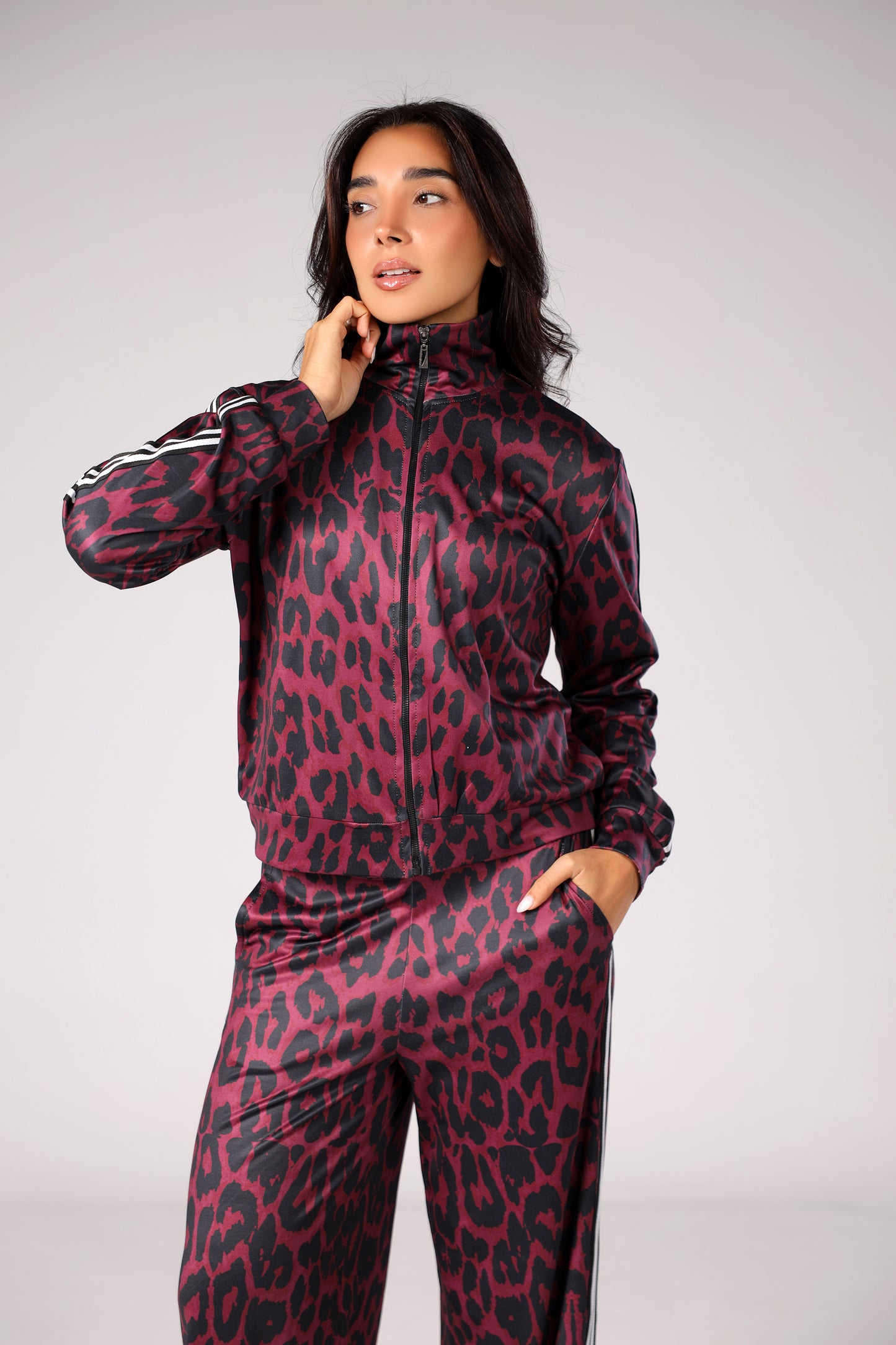 Zip-up Leopard Set - Burgundy