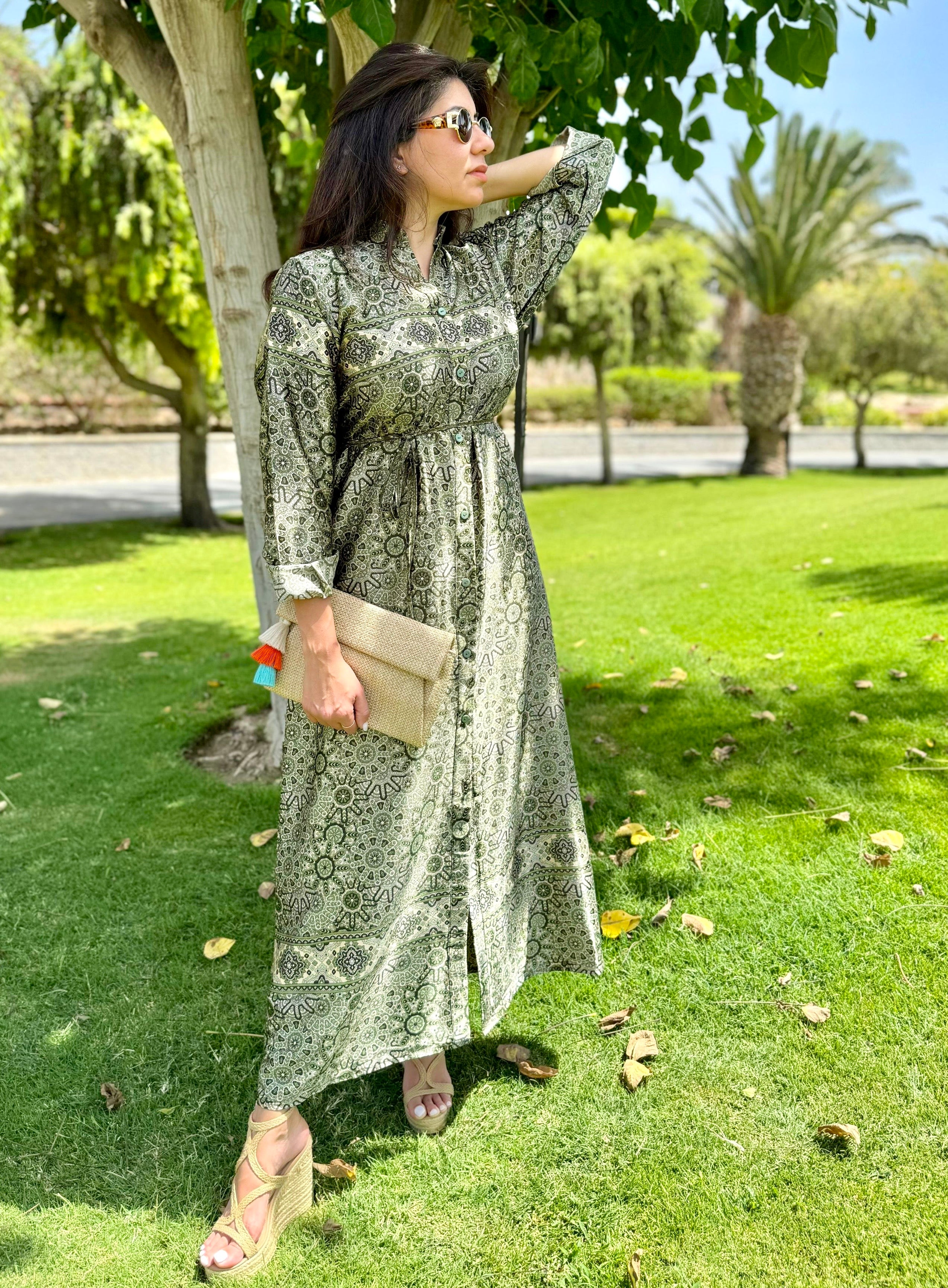 Green Satin Shirt Dress