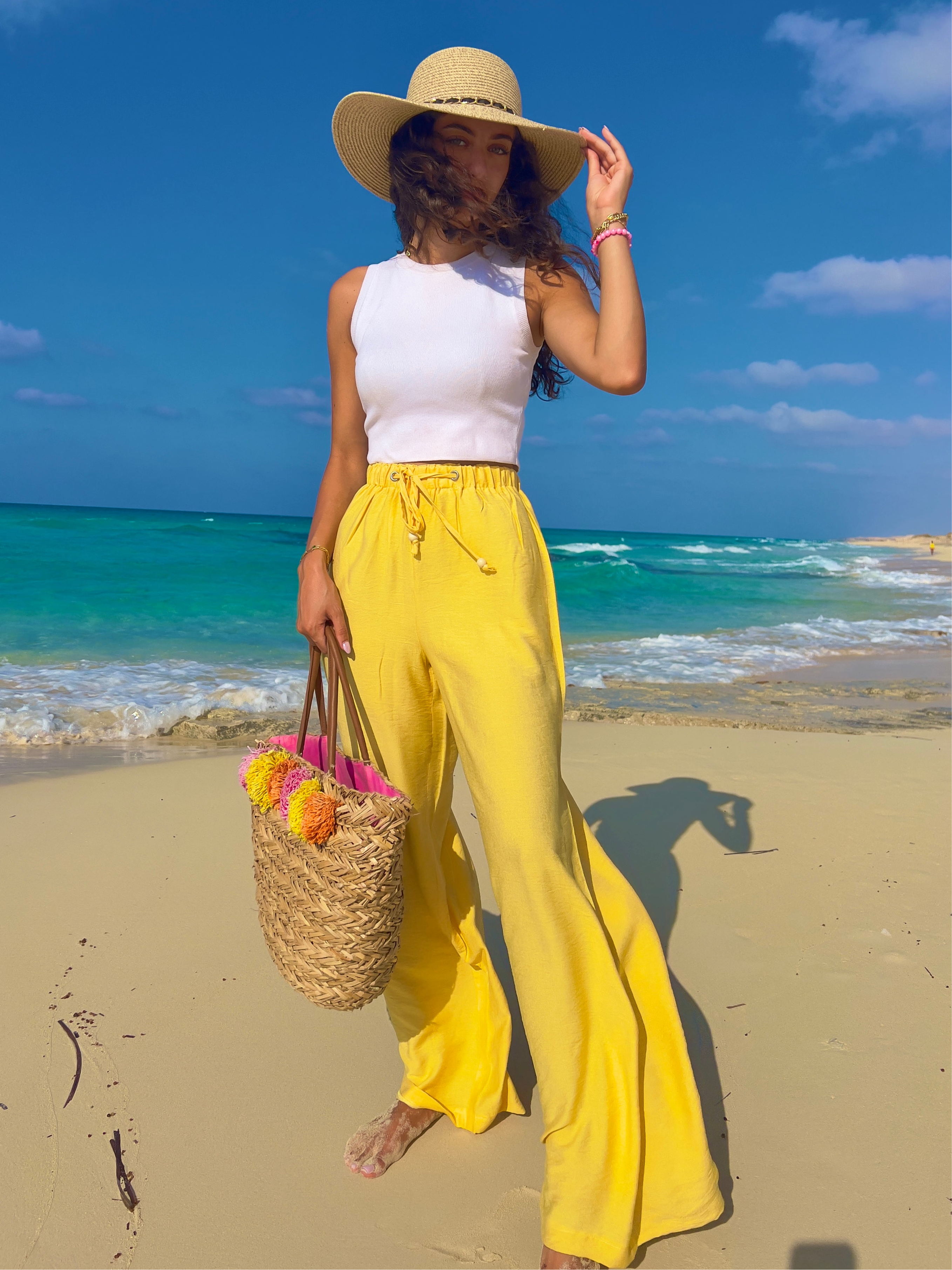 Yellow Wide Leg Linen Pants