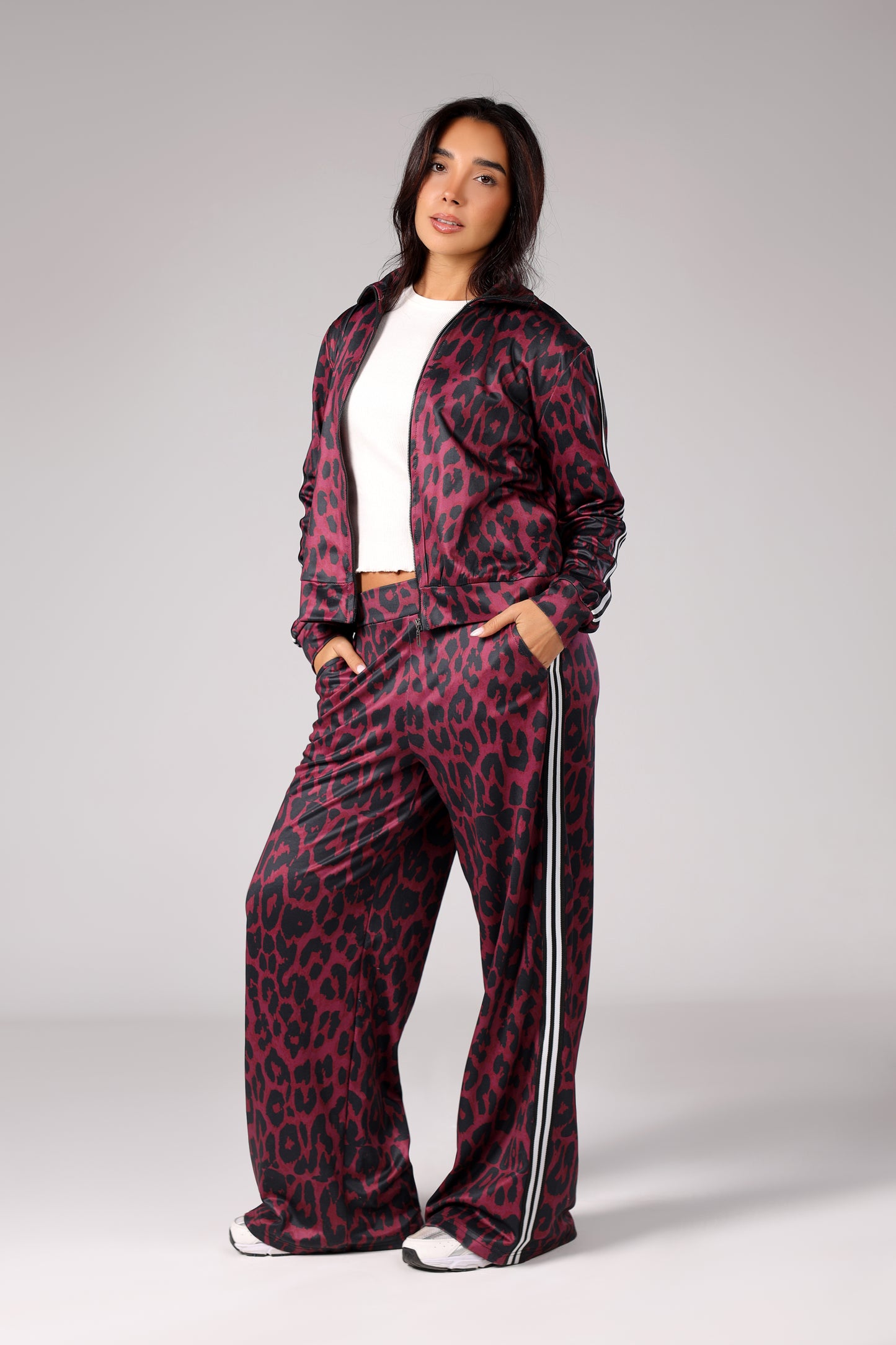 Zip-up Leopard Set - Burgundy