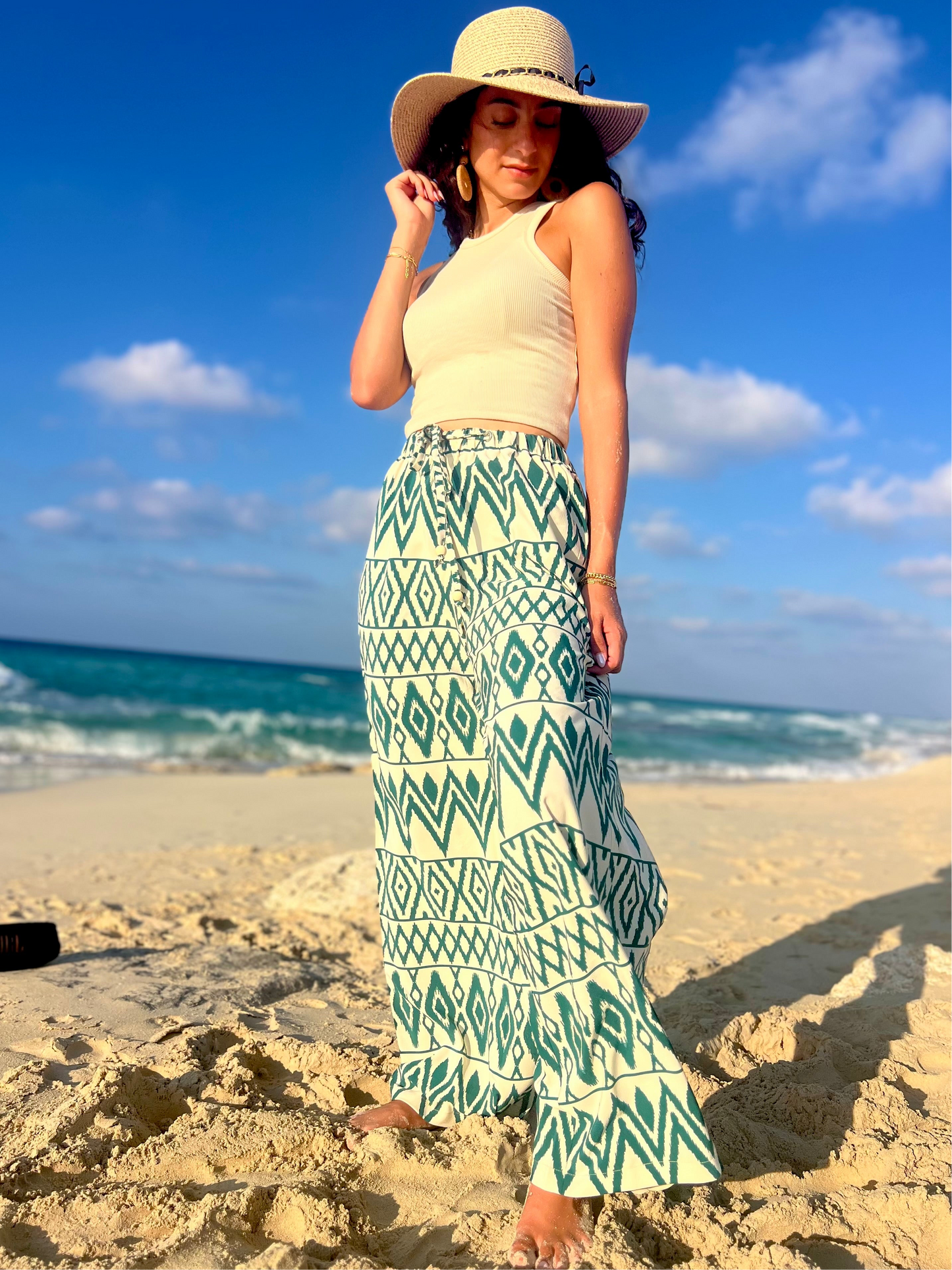 Green Boho Wide Leg Pants