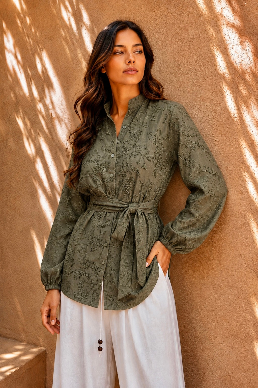 Botanica Embroidered Wrap Shirt - Olive Green