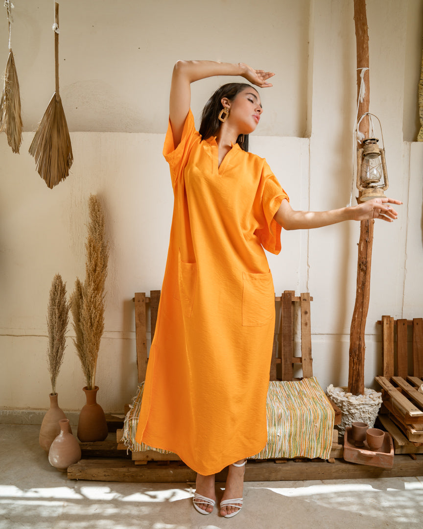 Orange Linen Medi Dress