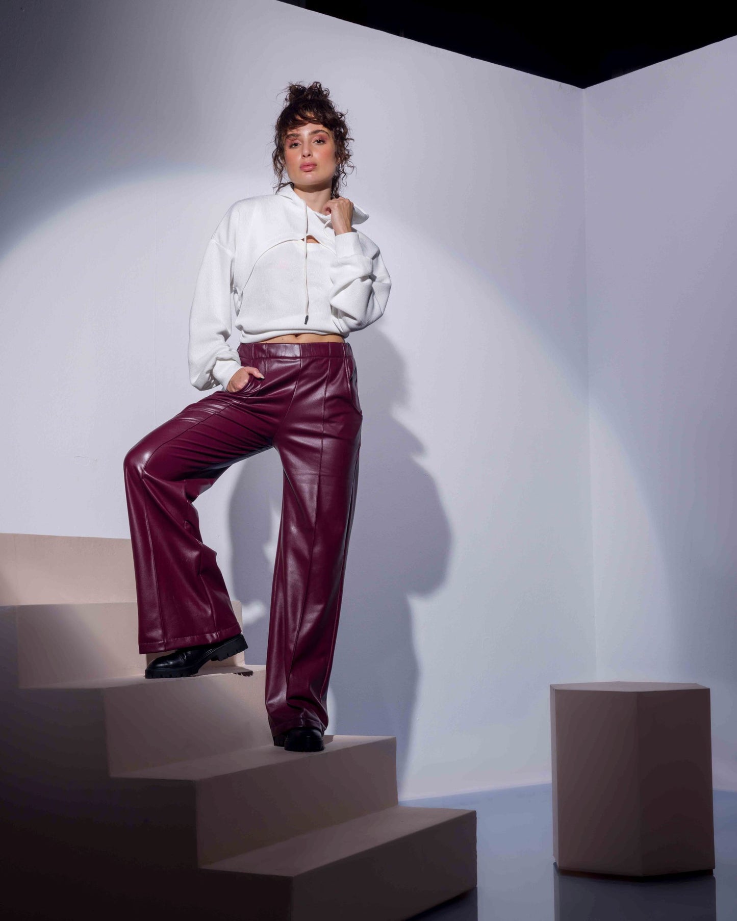 Wide leg leather pants - Burgundy