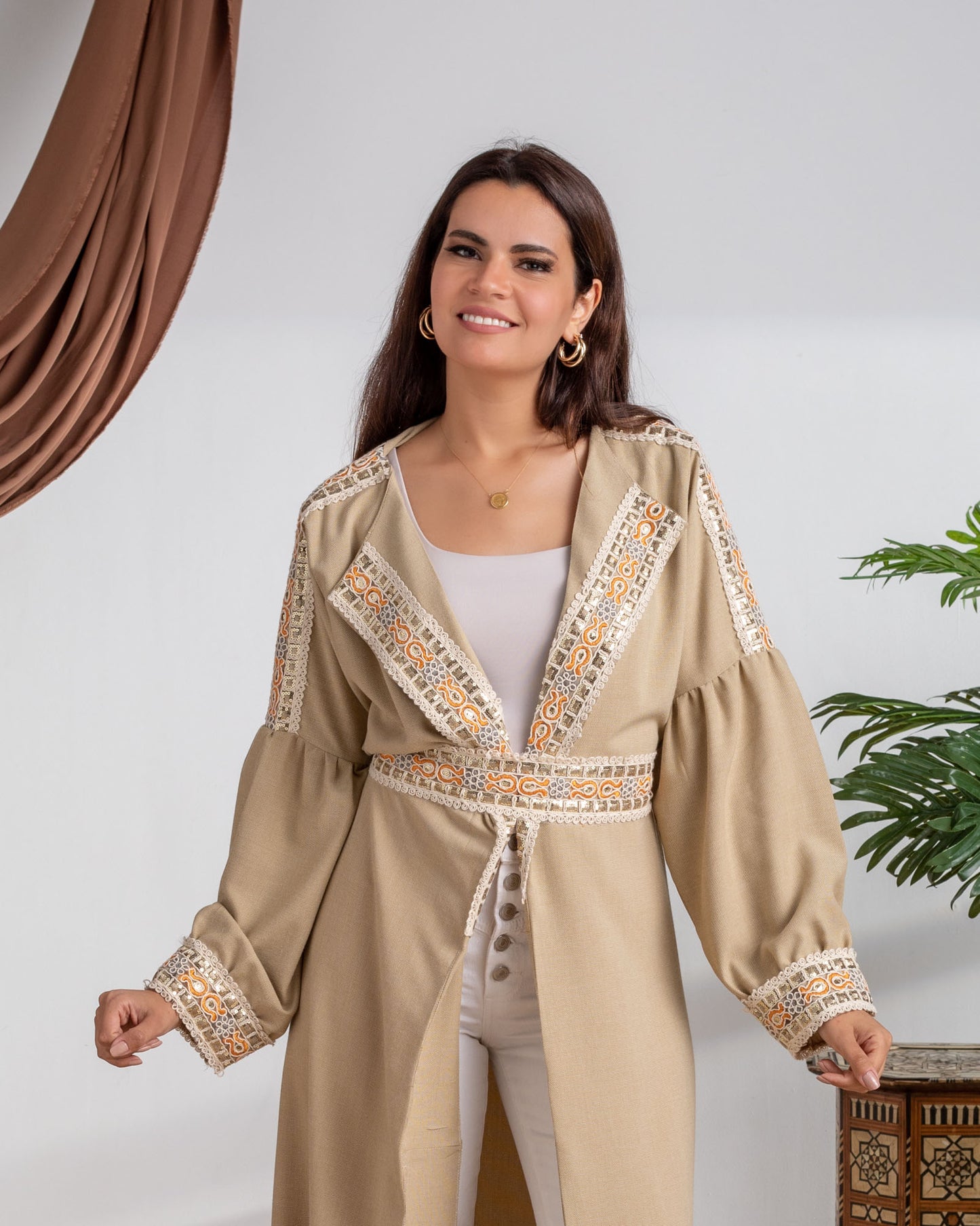 Beige Wide Collar Kaftan