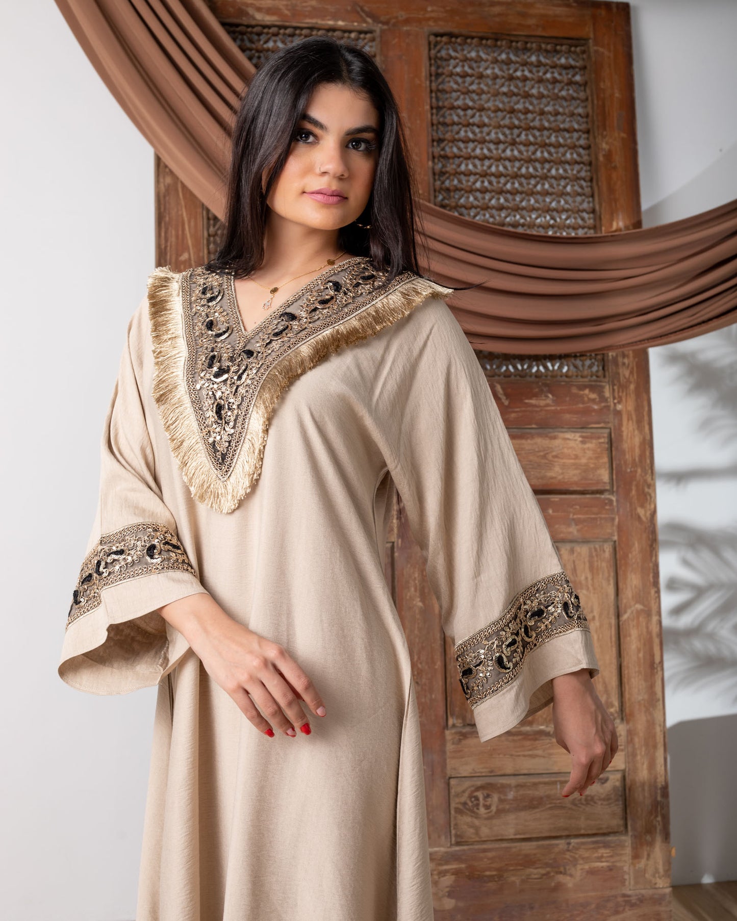 Beige V-Frills Kaftan