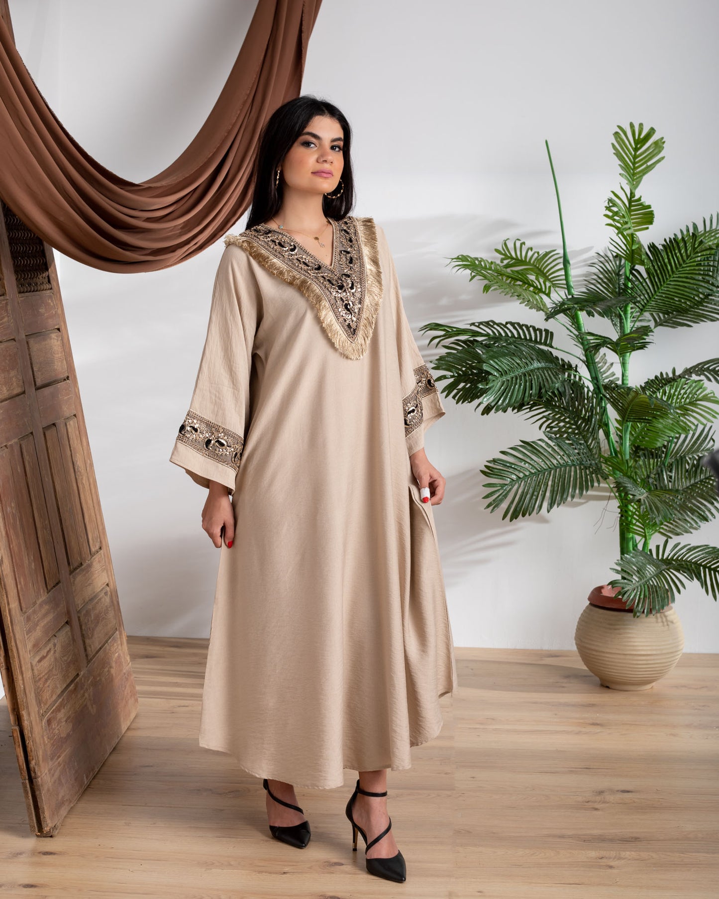 Beige V-Frills Kaftan
