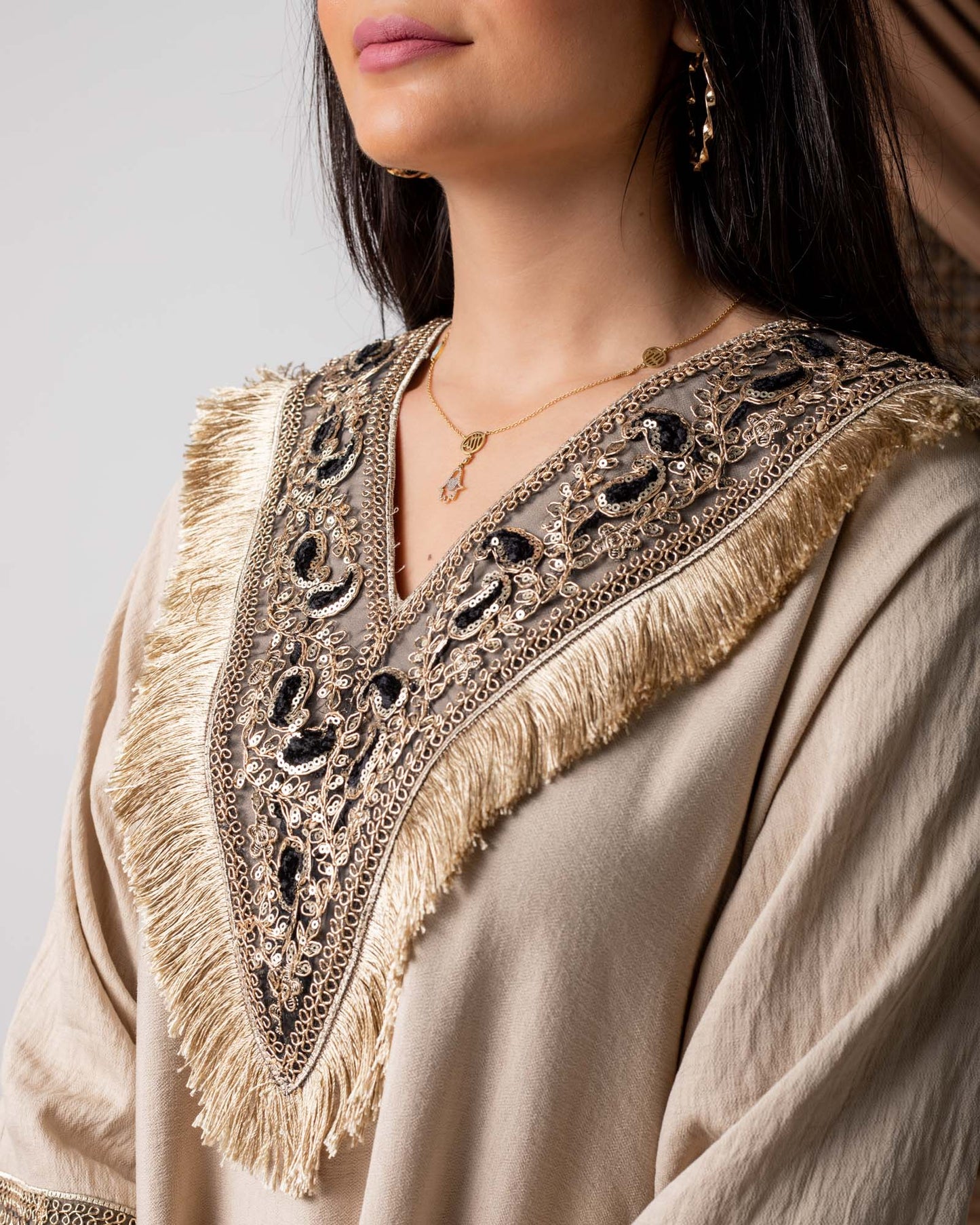 Beige V-Frills Kaftan