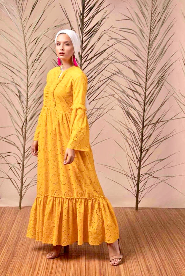 Mustard Waikiki Embroidery Dress