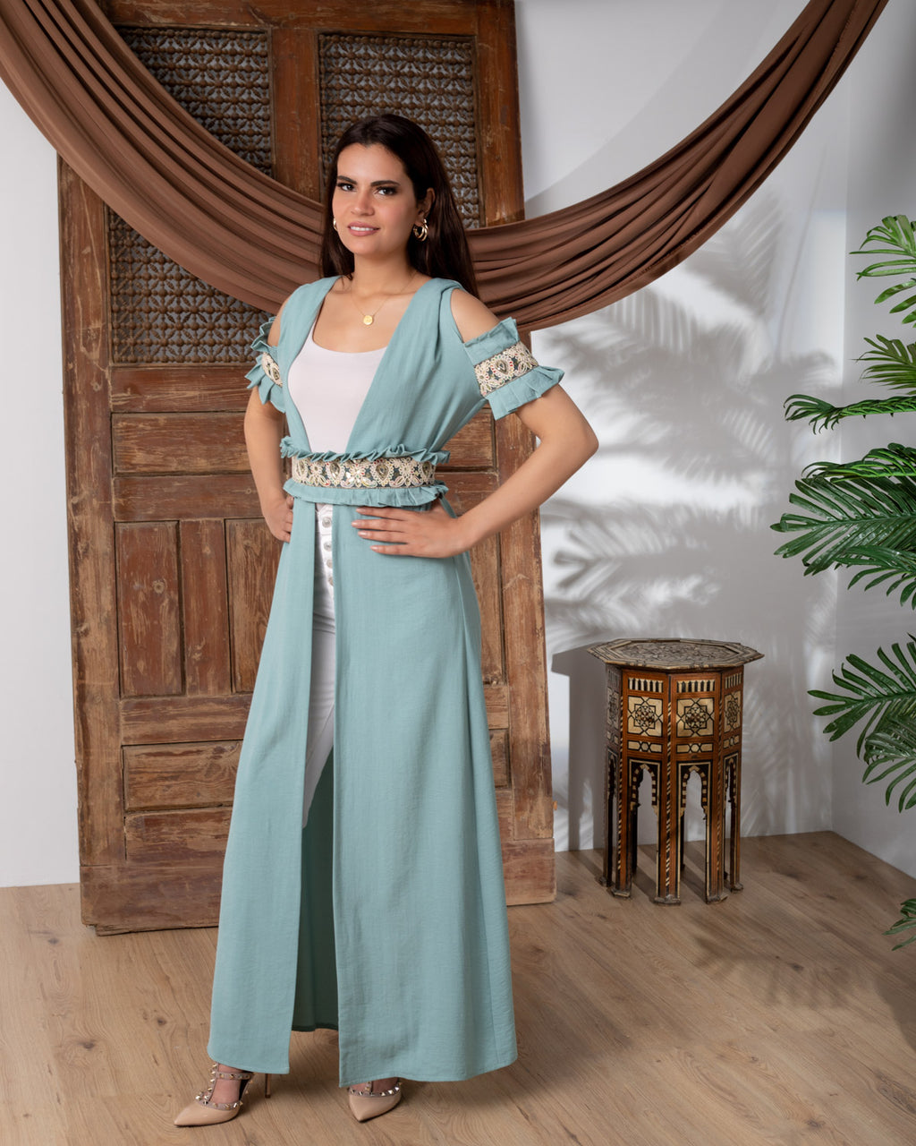 Pleated Belt Short Sleeves Kaftan