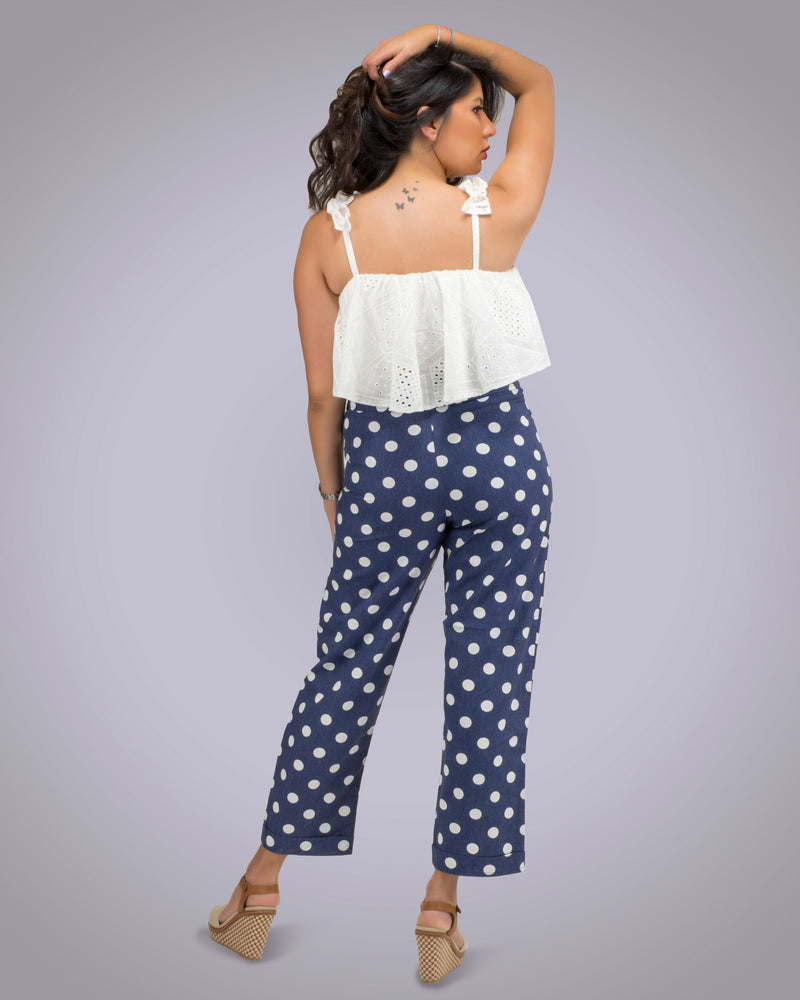 Navy Polka Dots Linen Pants