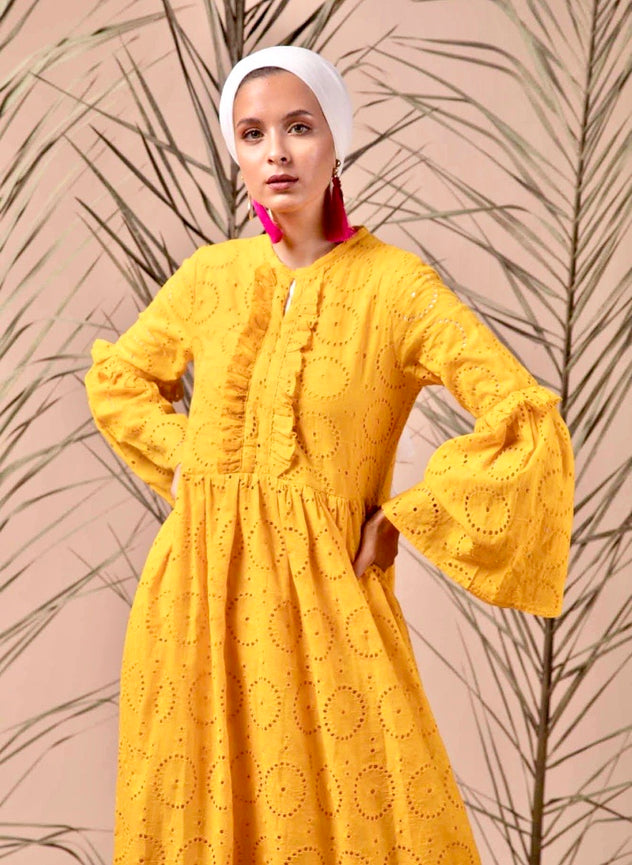 Mustard Waikiki Embroidery Dress